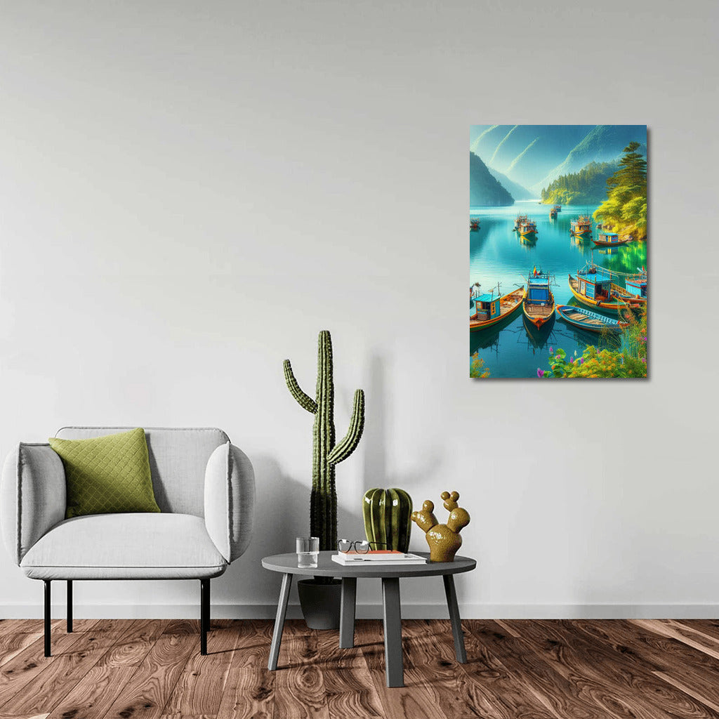 Fishing Boats on a Lake at the Foot of the Mountains: The Tranquility of Nature