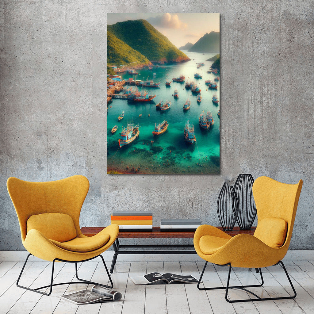 Fishing Boats at the Foot of Majestic Mountains