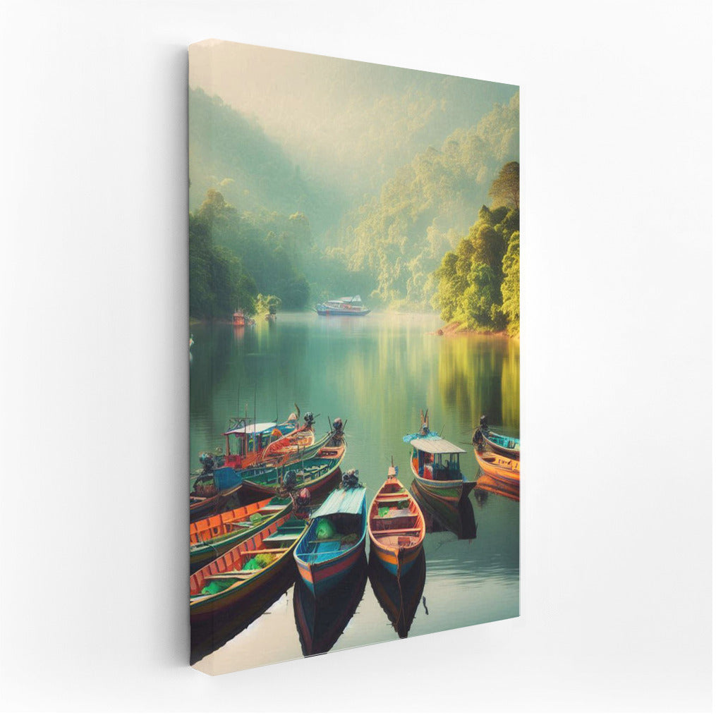 Bright Fishing Boats on the Lake: Tranquility and Harmony of Nature for a Cozy Interior