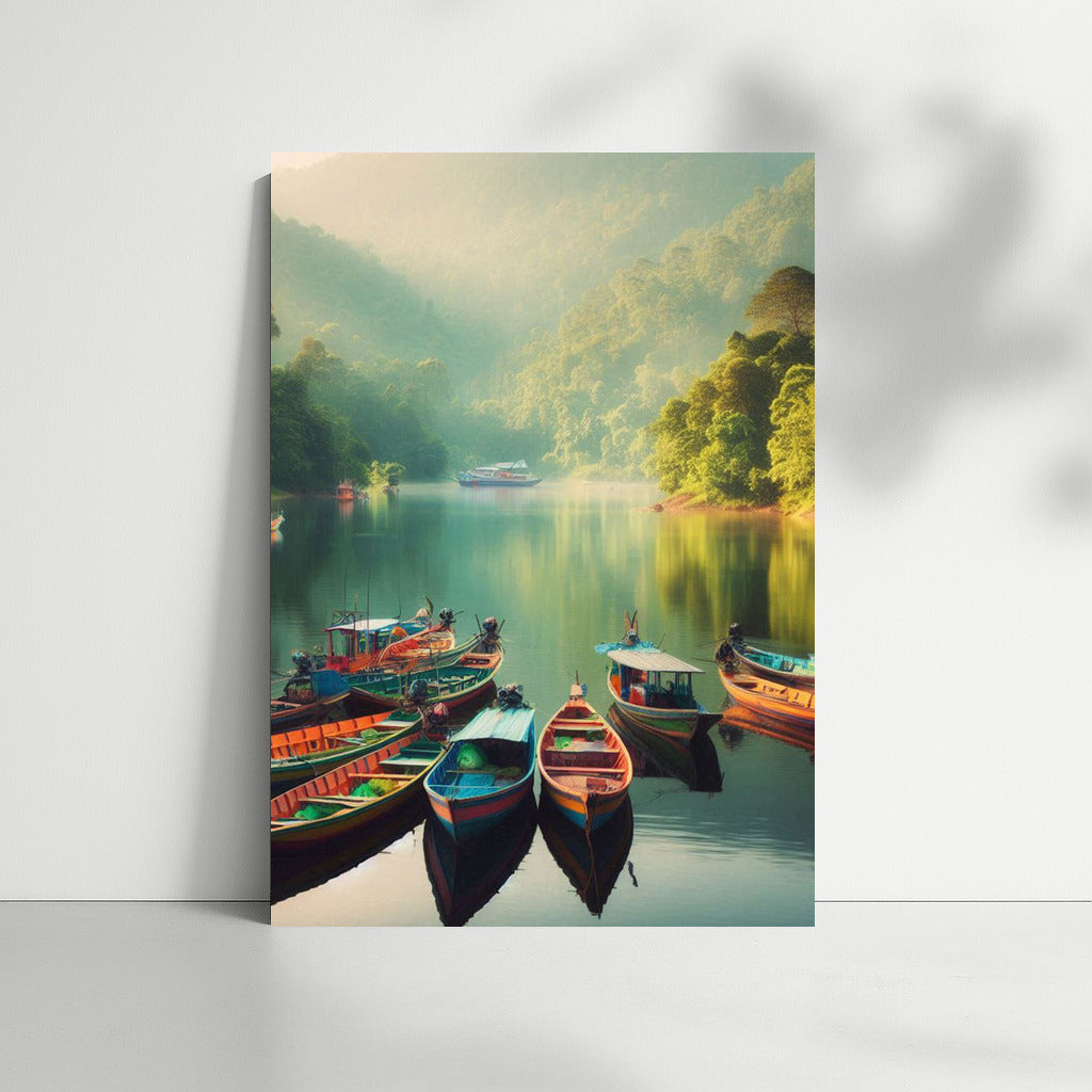 Bright Fishing Boats on the Lake: Tranquility and Harmony of Nature for a Cozy Interior