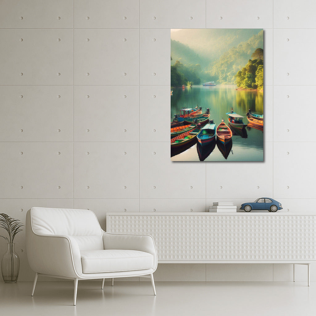 Bright Fishing Boats on the Lake: Tranquility and Harmony of Nature for a Cozy Interior