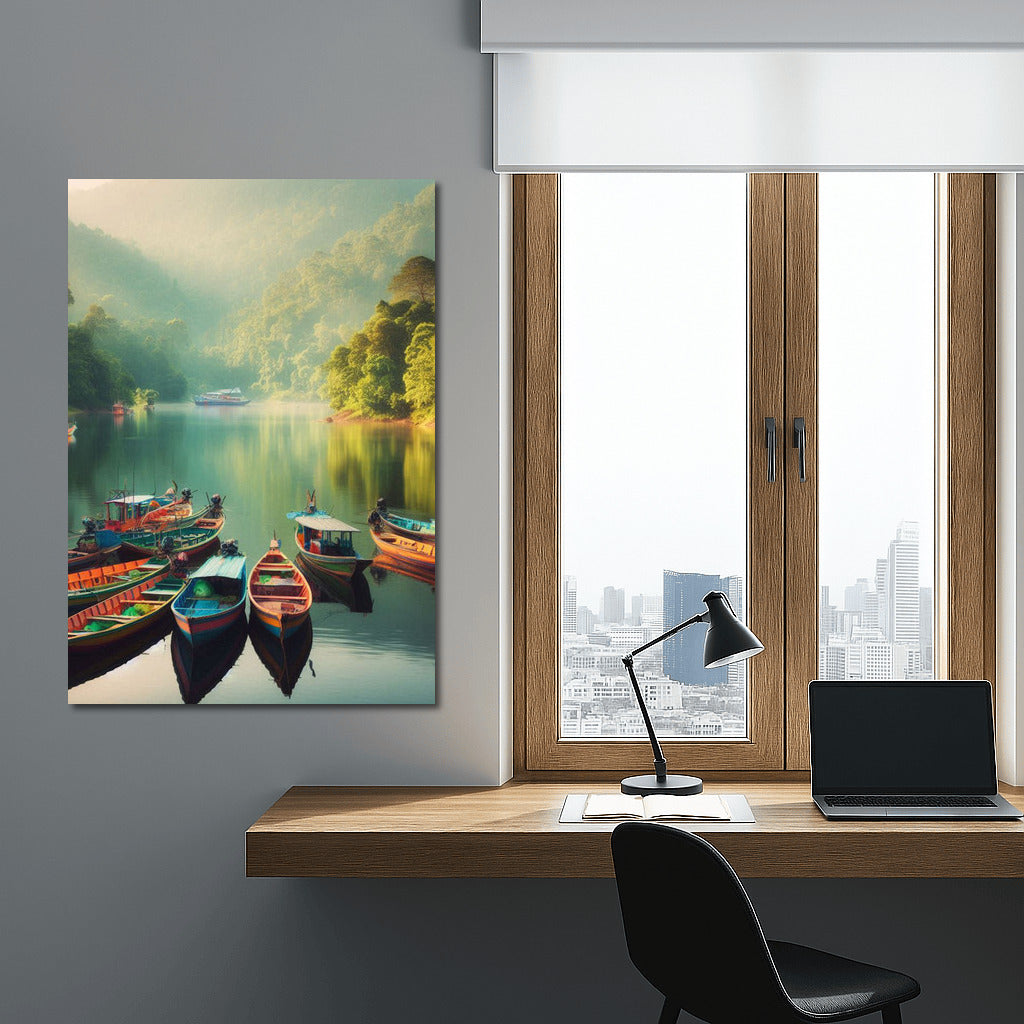Bright Fishing Boats on the Lake: Tranquility and Harmony of Nature for a Cozy Interior