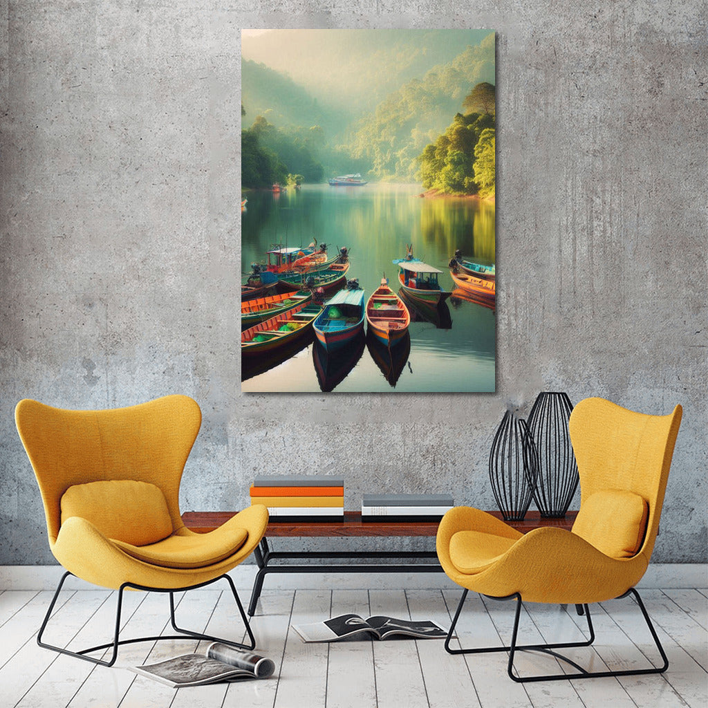 Bright Fishing Boats on the Lake: Tranquility and Harmony of Nature for a Cozy Interior