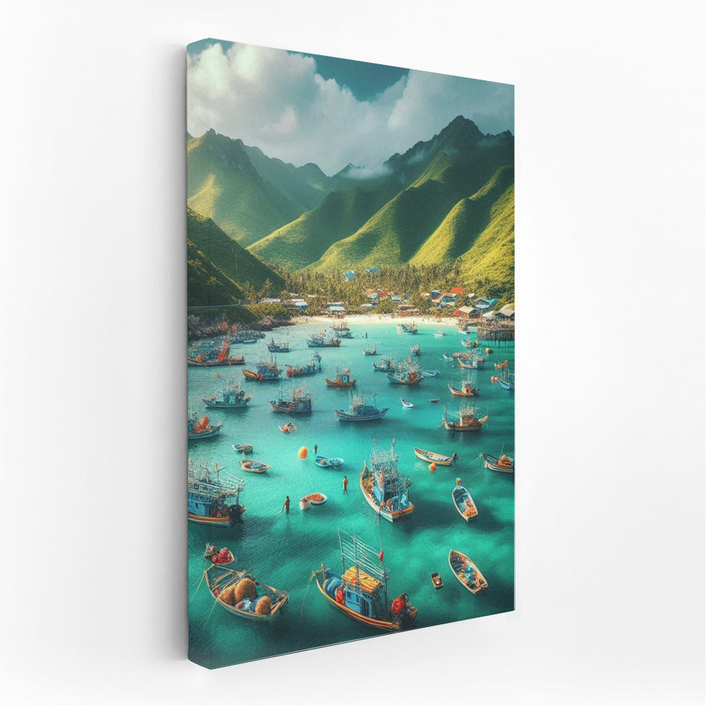 The comfort of fishing boats at the foot of the mountains