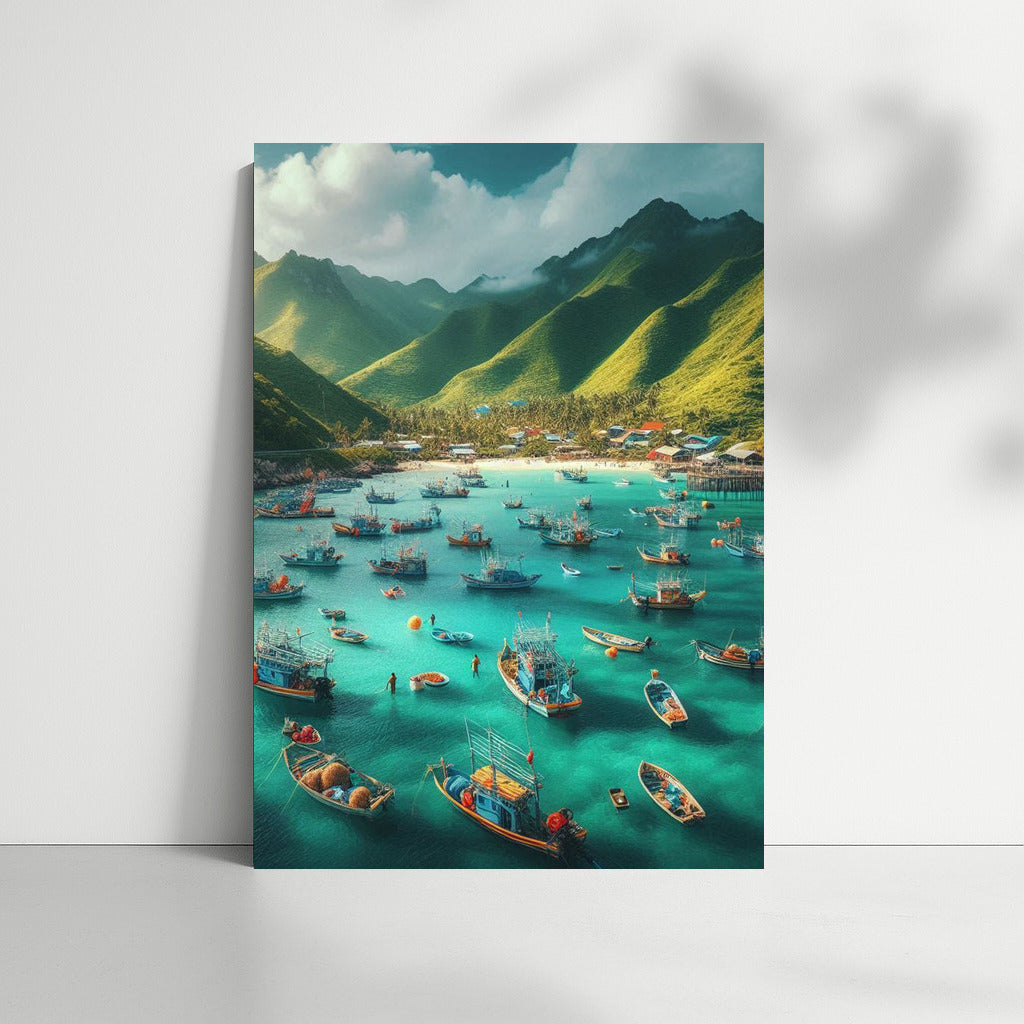 The comfort of fishing boats at the foot of the mountains