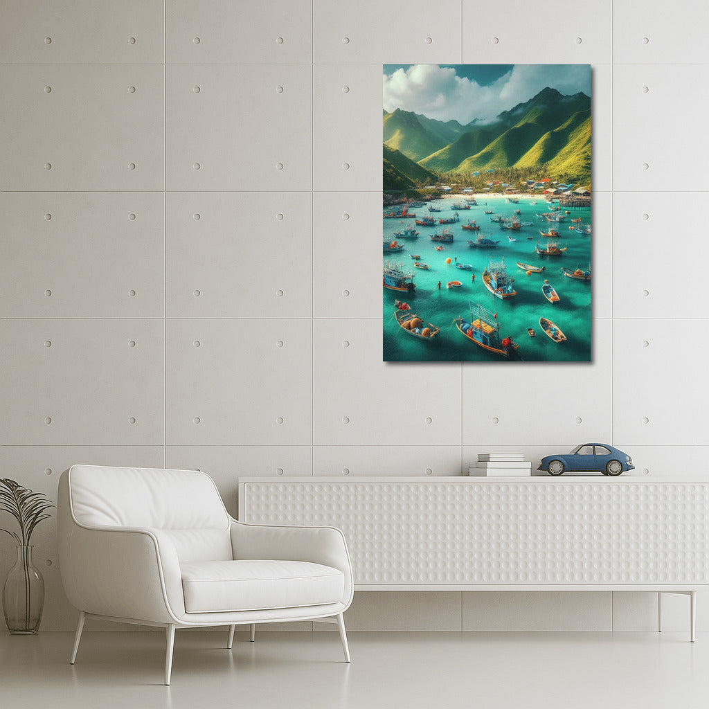 The comfort of fishing boats at the foot of the mountains