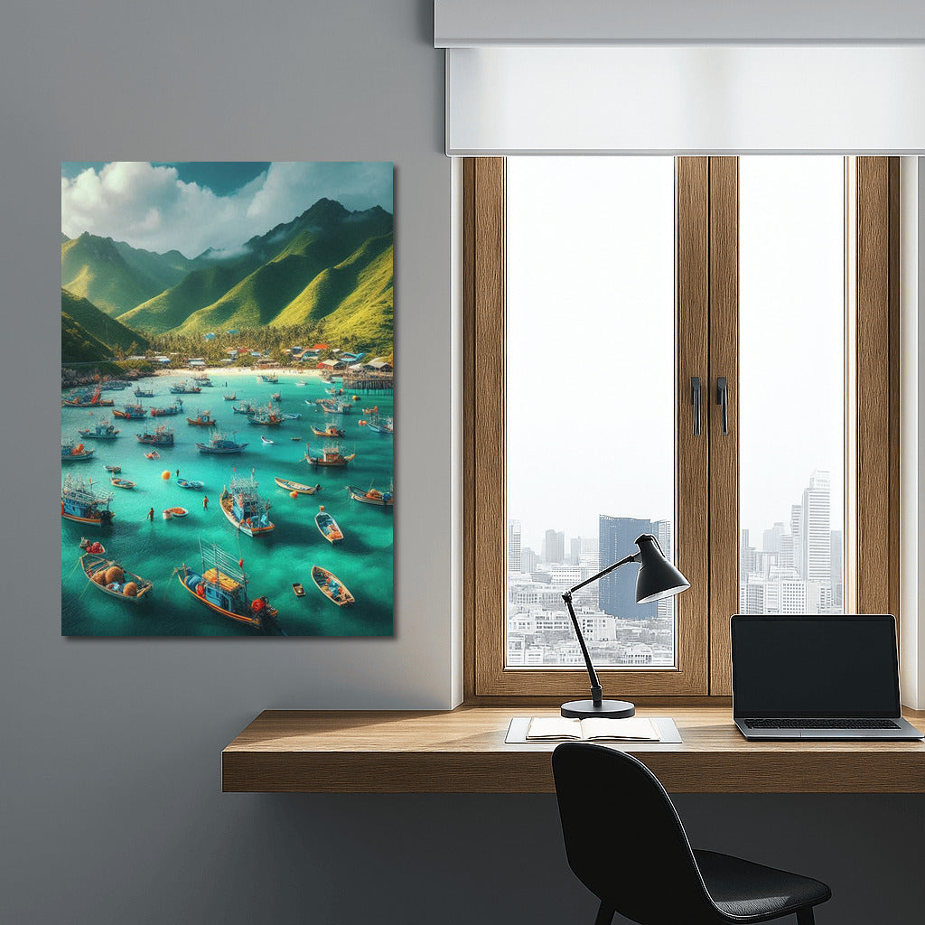 The comfort of fishing boats at the foot of the mountains