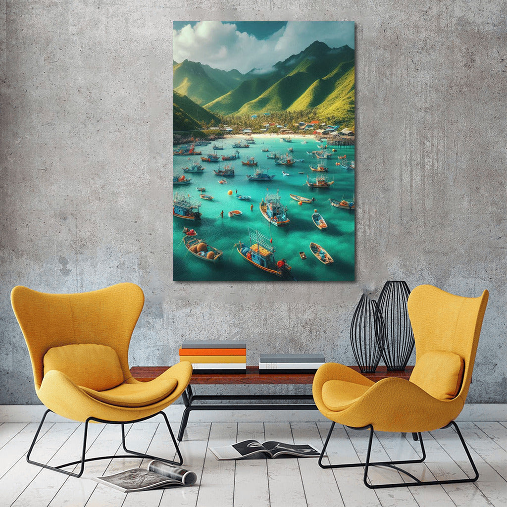 The comfort of fishing boats at the foot of the mountains