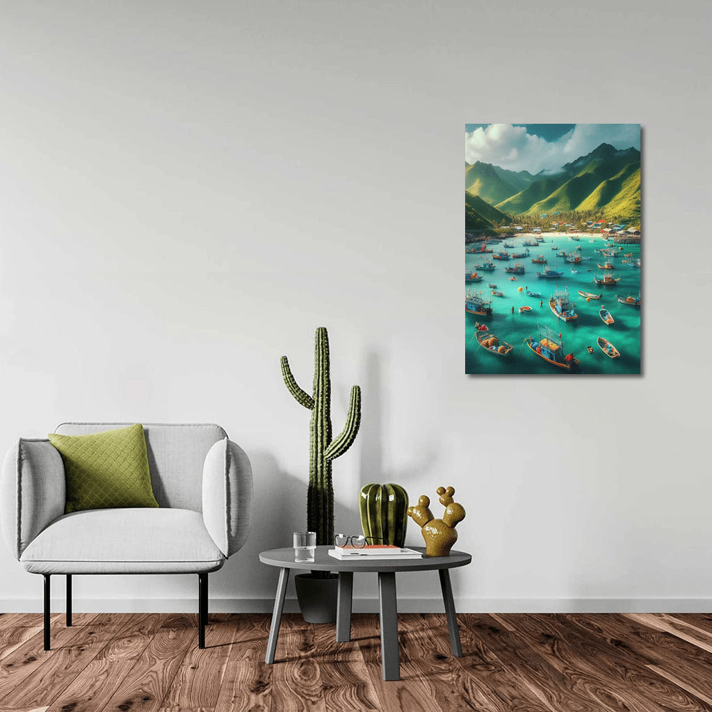 The comfort of fishing boats at the foot of the mountains