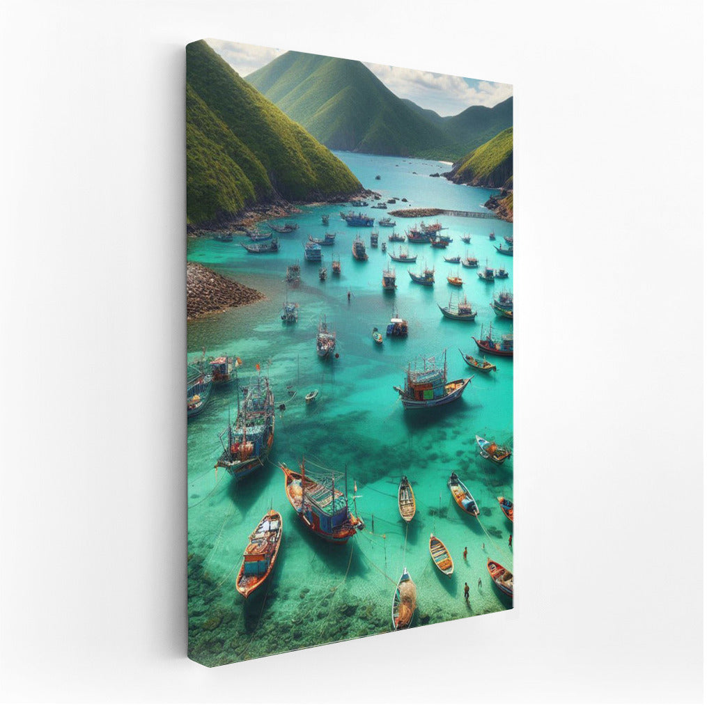 Harmony of Fishing Boats at the Foot of Majestic Mountains