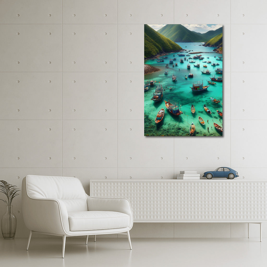 Harmony of Fishing Boats at the Foot of Majestic Mountains