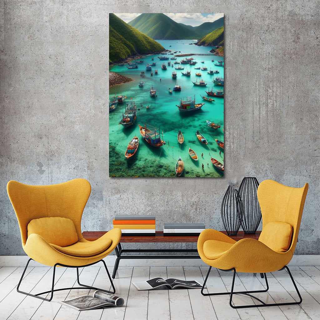 Harmony of Fishing Boats at the Foot of Majestic Mountains