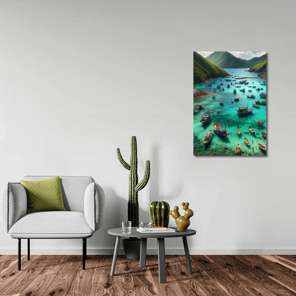 Harmony of Fishing Boats at the Foot of Majestic Mountains