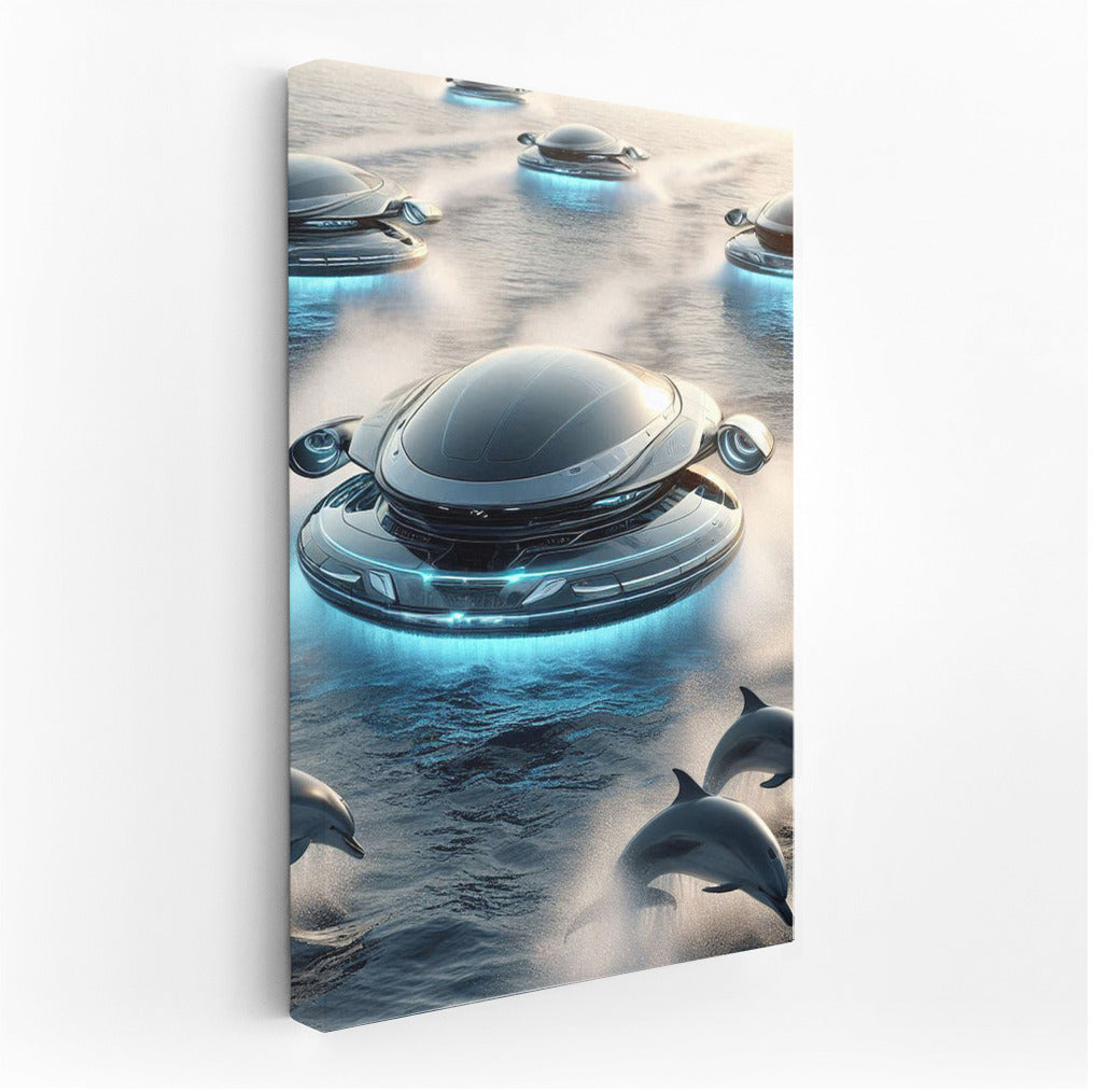 Hovercraft and dolphin dance over the ocean