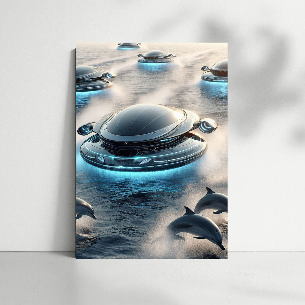 Hovercraft and dolphin dance over the ocean