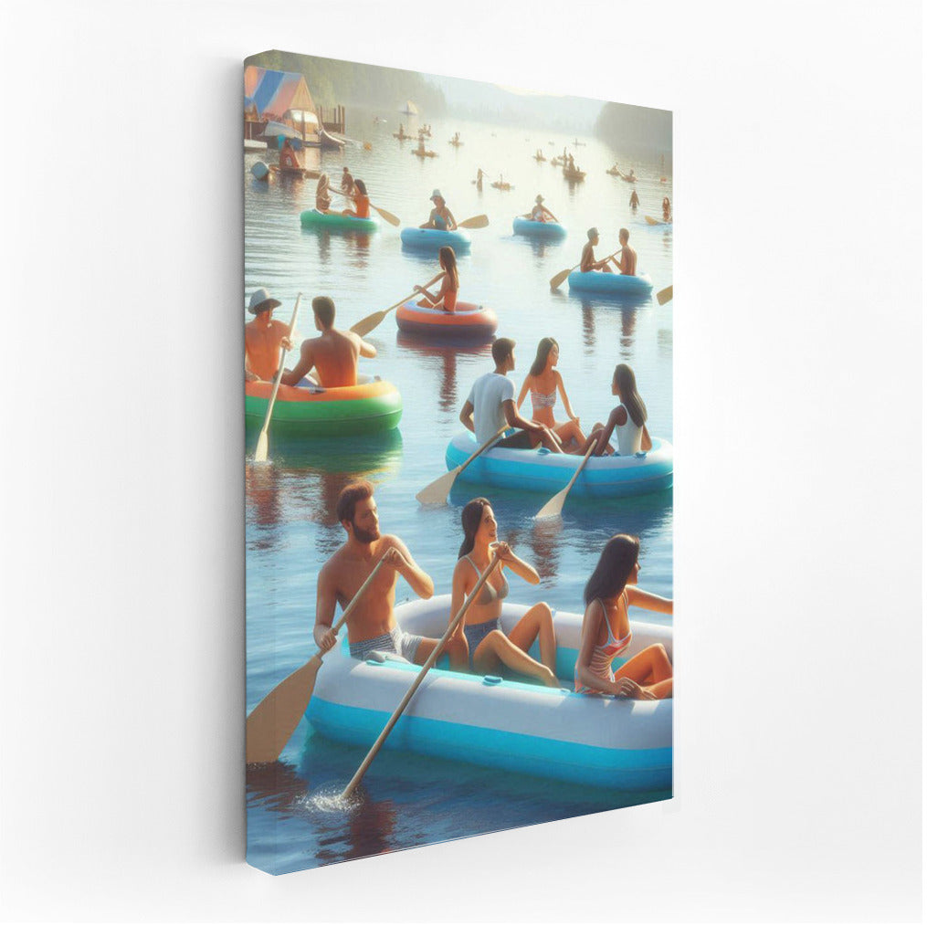 Tranquil Boats: Colourful Inflatable Boats on Calm Lake Waters