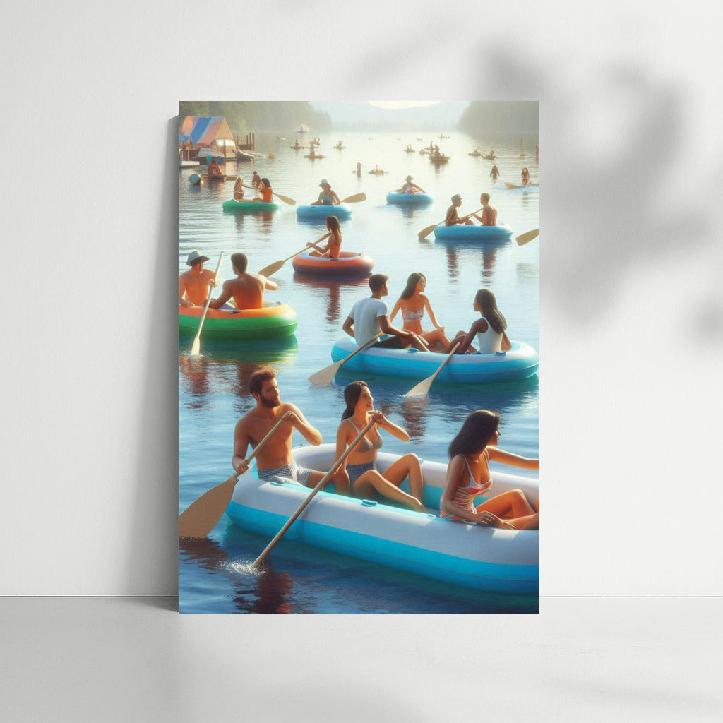 Tranquil Boats: Colourful Inflatable Boats on Calm Lake Waters