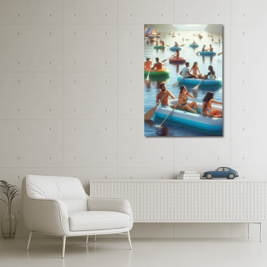 Tranquil Boats: Colourful Inflatable Boats on Calm Lake Waters