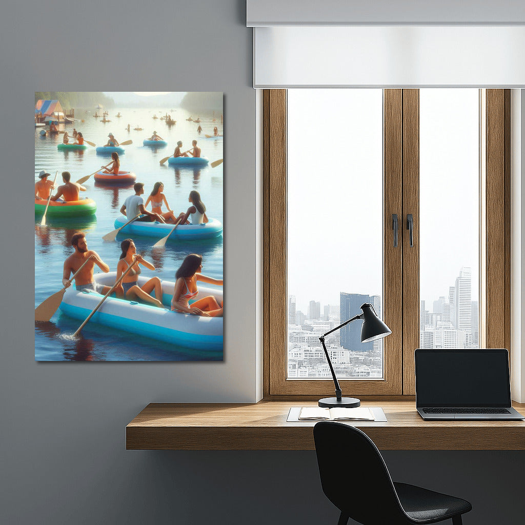 Tranquil Boats: Colourful Inflatable Boats on Calm Lake Waters