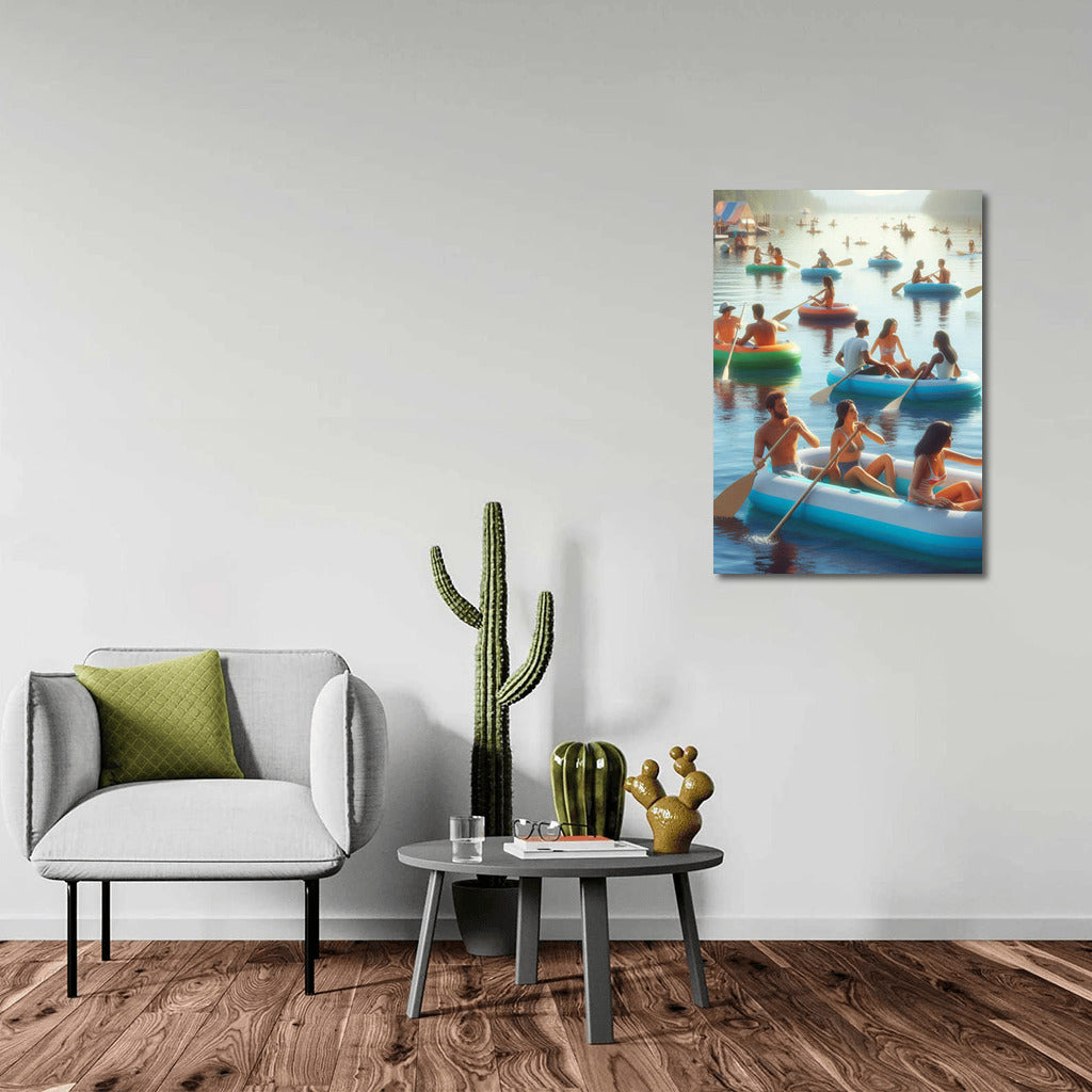 Tranquil Boats: Colourful Inflatable Boats on Calm Lake Waters