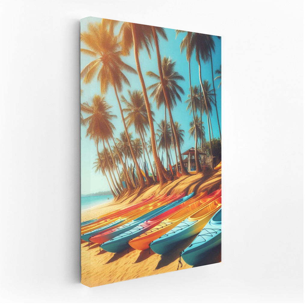 Bright Kayaks on the Beach under the Palms: Sea Adventures and Sun