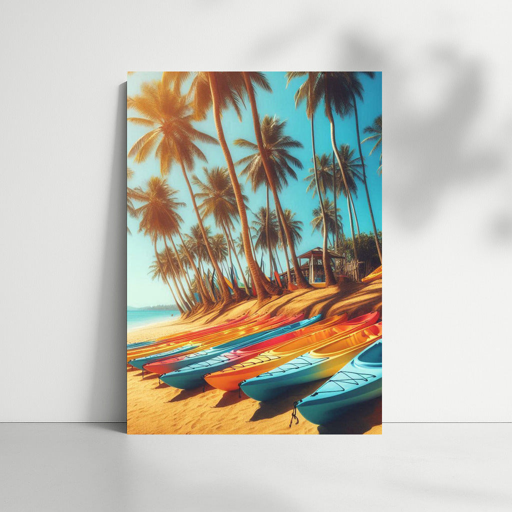 Bright Kayaks on the Beach under the Palms: Sea Adventures and Sun