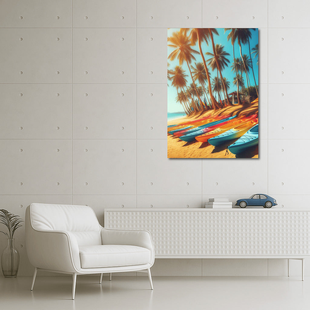 Bright Kayaks on the Beach under the Palms: Sea Adventures and Sun