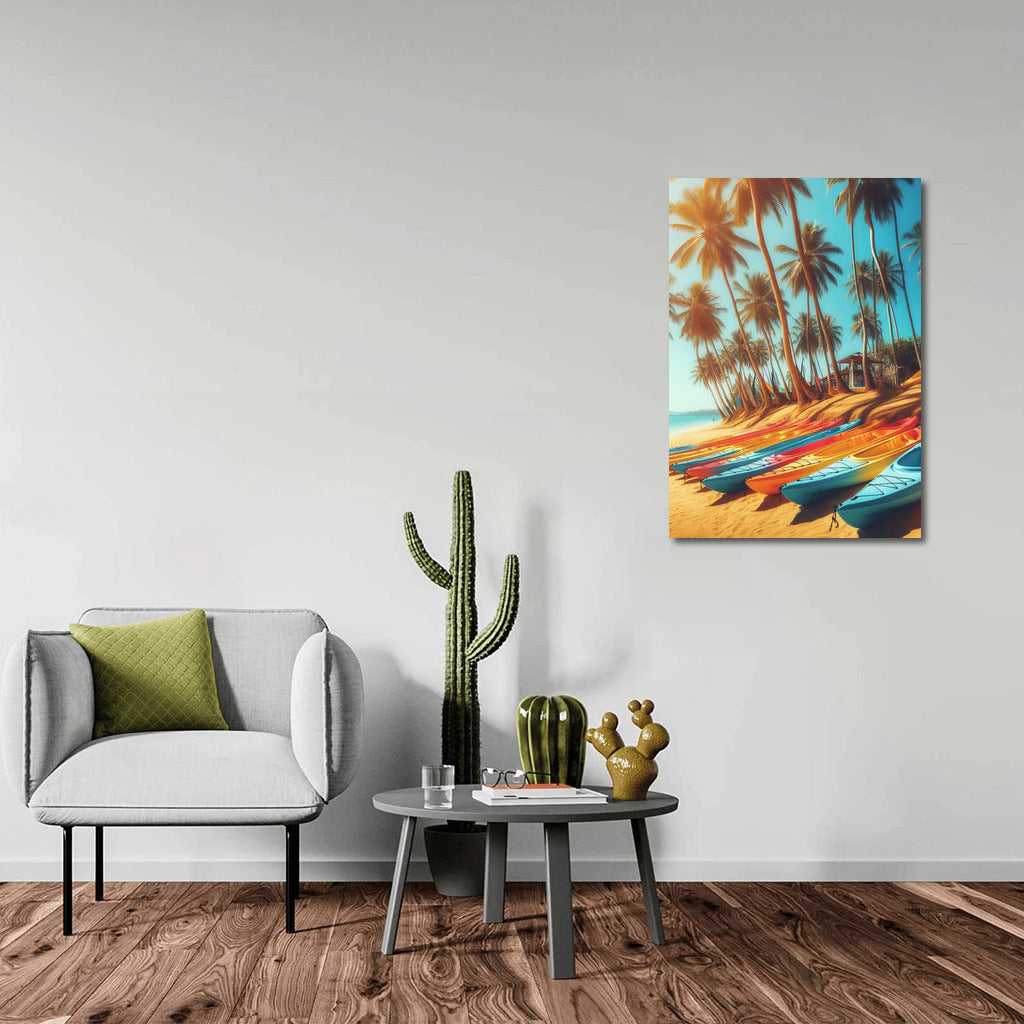 Bright Kayaks on the Beach under the Palms: Sea Adventures and Sun