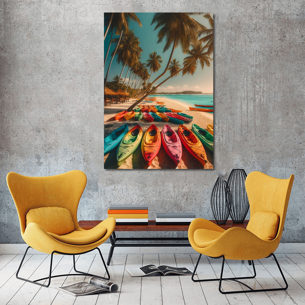 Tropical Beach: Bright Kayaks on Summer Beach
