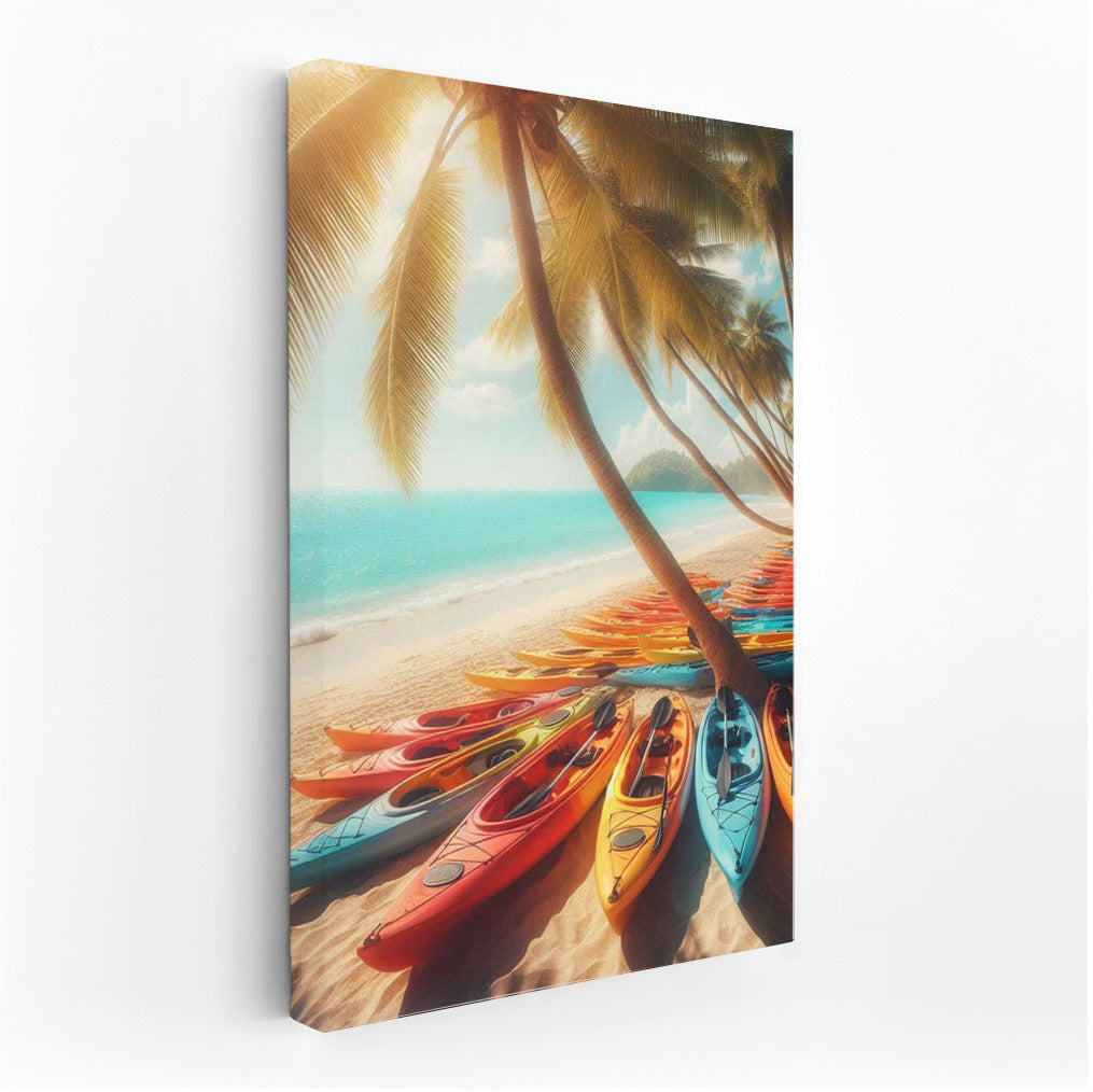 Summer Shine: Kayaking on the Beach Under Palm Trees and the Ocean
