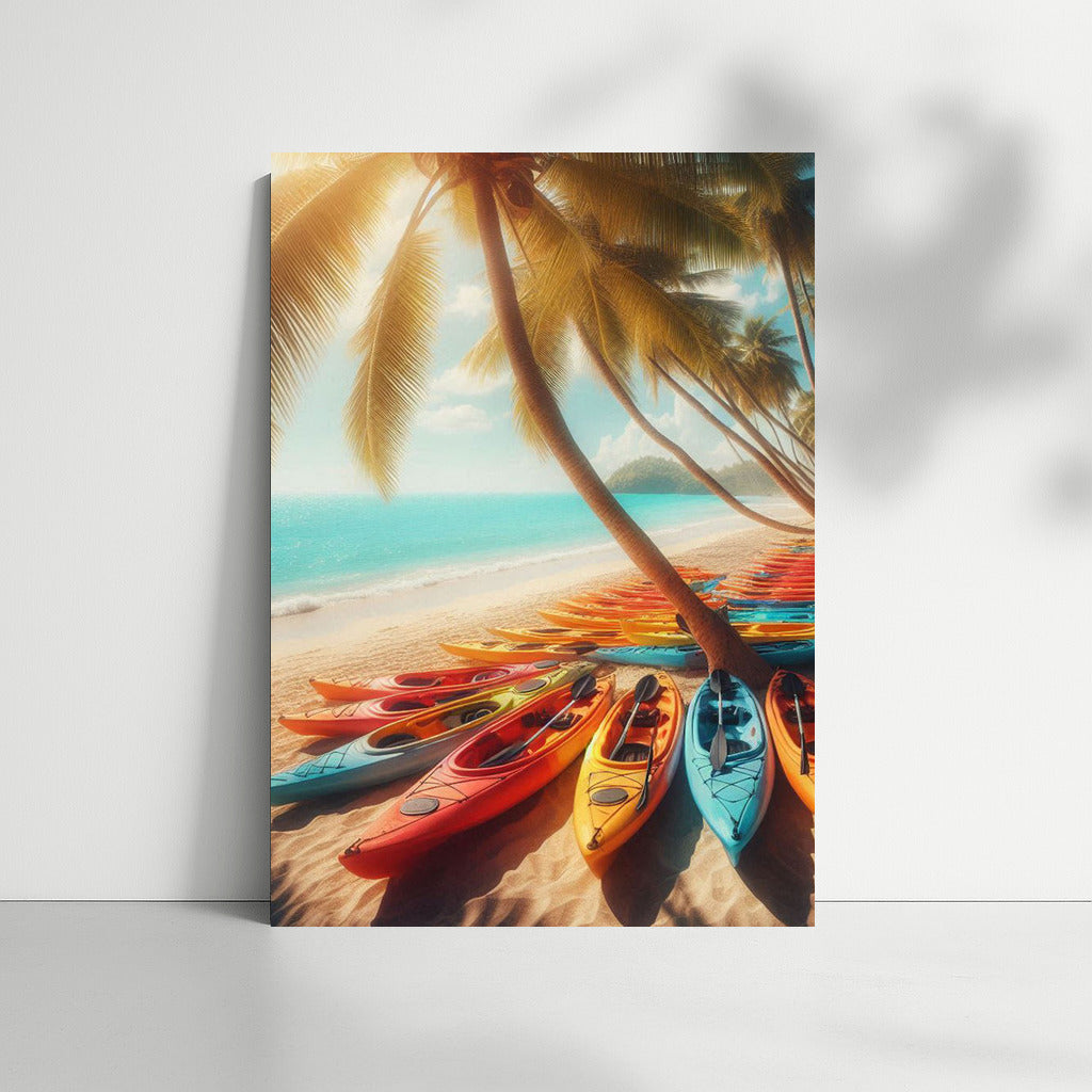 Summer Shine: Kayaking on the Beach Under Palm Trees and the Ocean