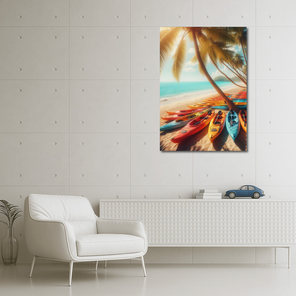 Summer Shine: Kayaking on the Beach Under Palm Trees and the Ocean