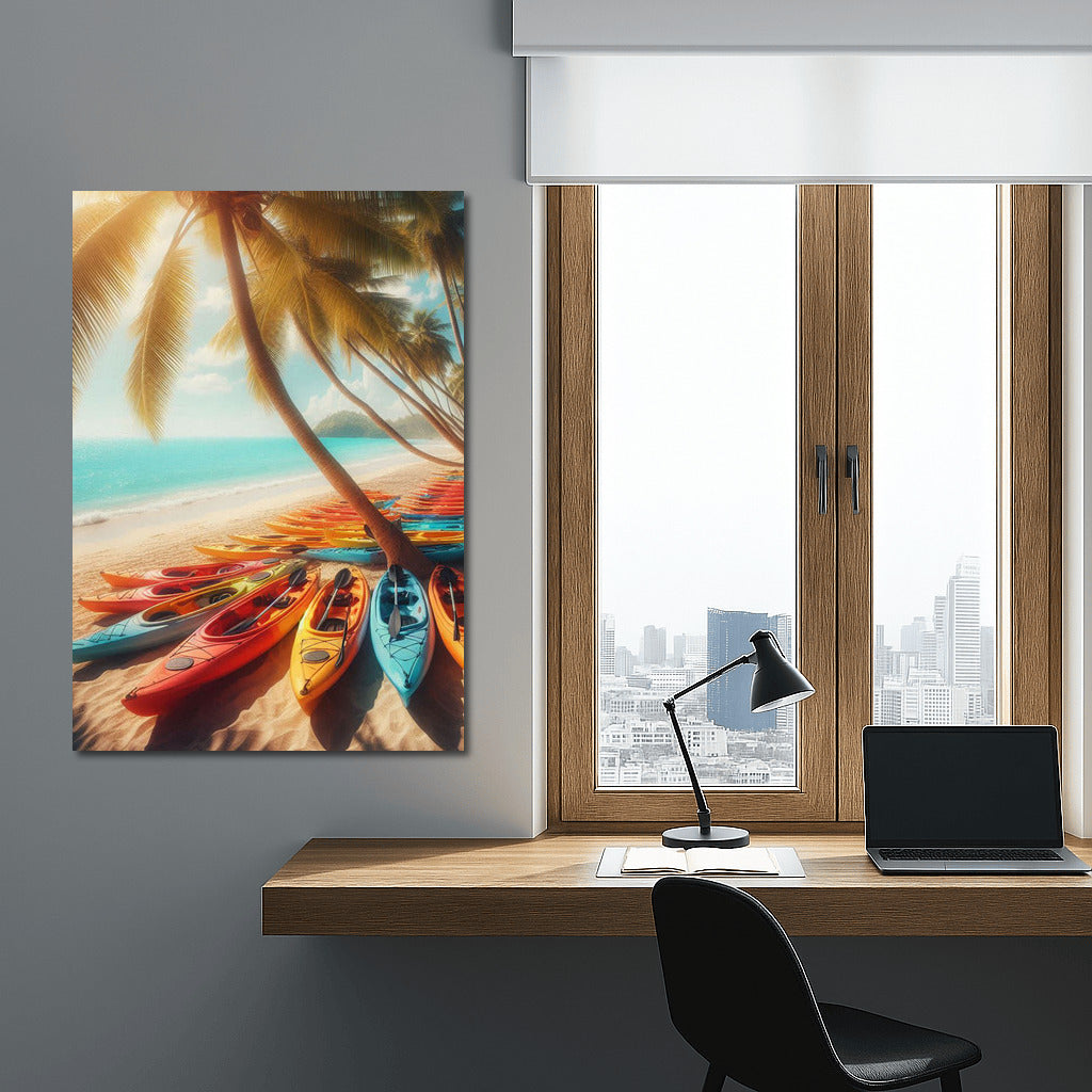 Summer Shine: Kayaking on the Beach Under Palm Trees and the Ocean