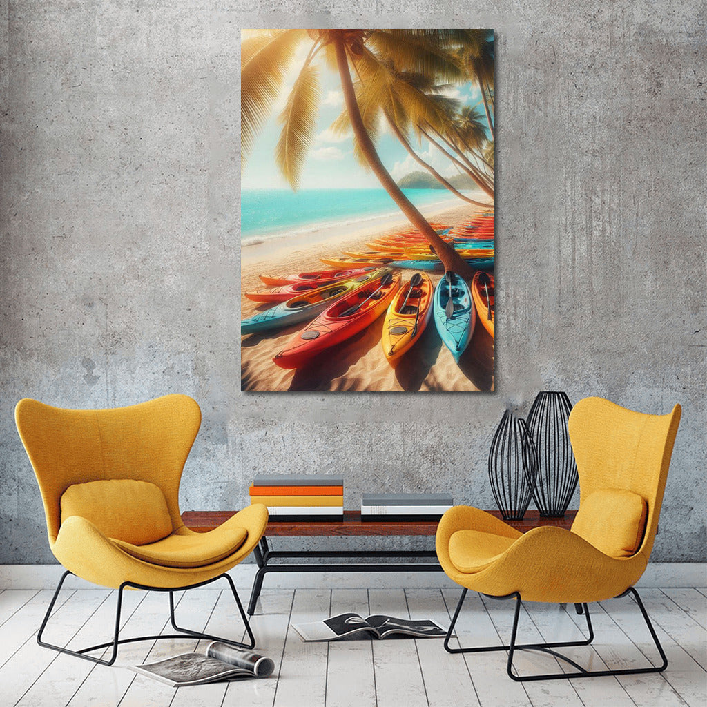 Summer Shine: Kayaking on the Beach Under Palm Trees and the Ocean