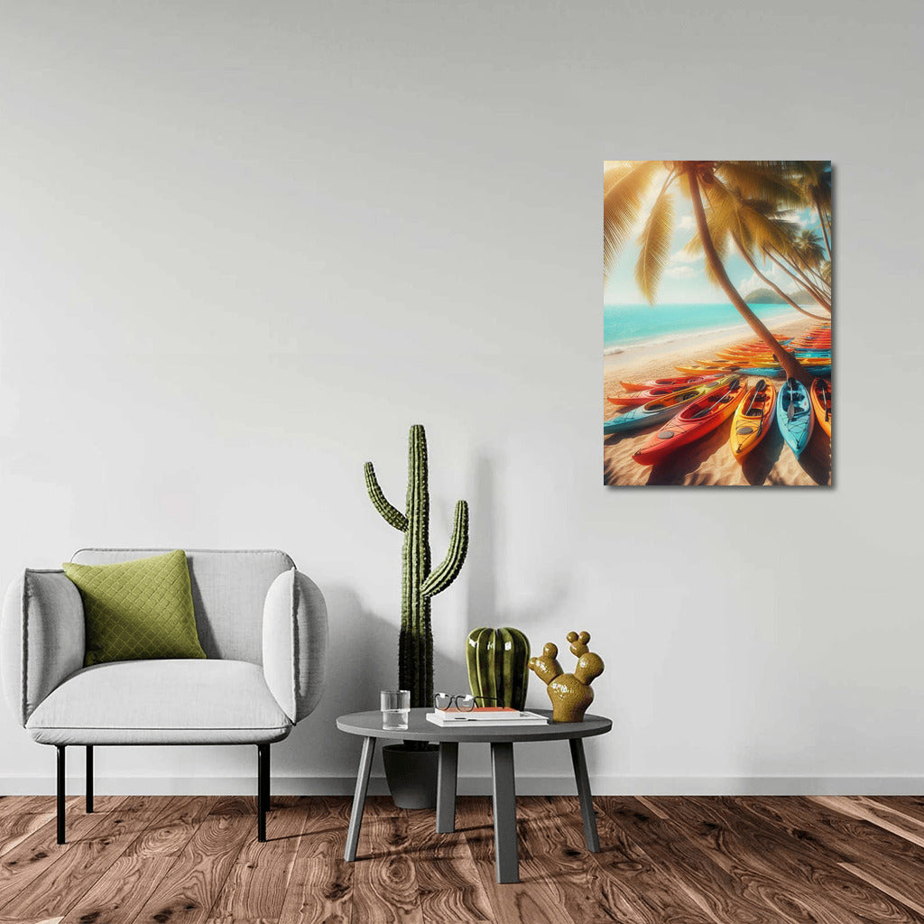 Summer Shine: Kayaking on the Beach Under Palm Trees and the Ocean
