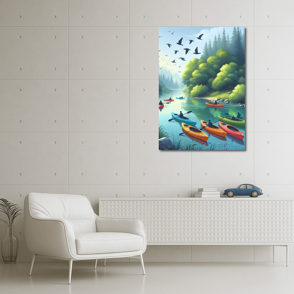 Scenic River with Kayaks: Freshness and Peace