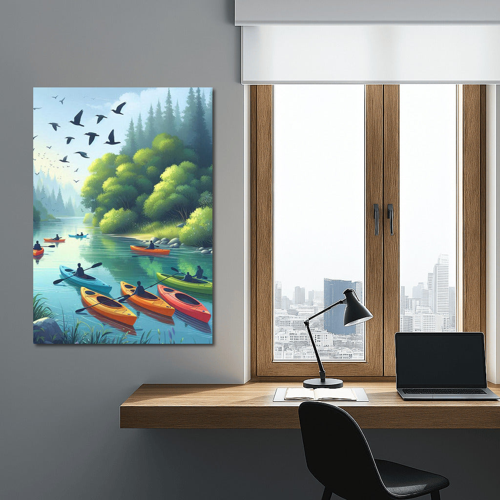 Scenic River with Kayaks: Freshness and Peace