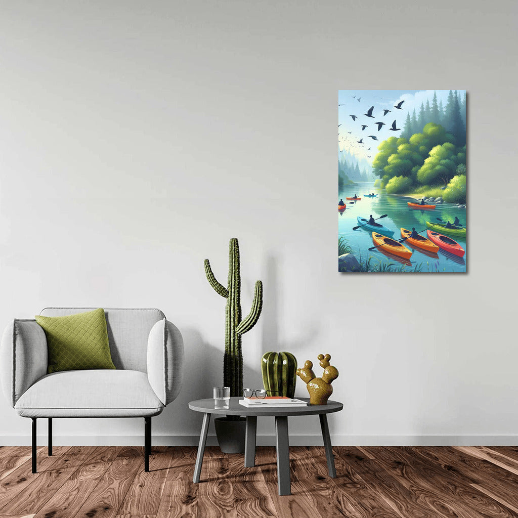 Scenic River with Kayaks: Freshness and Peace