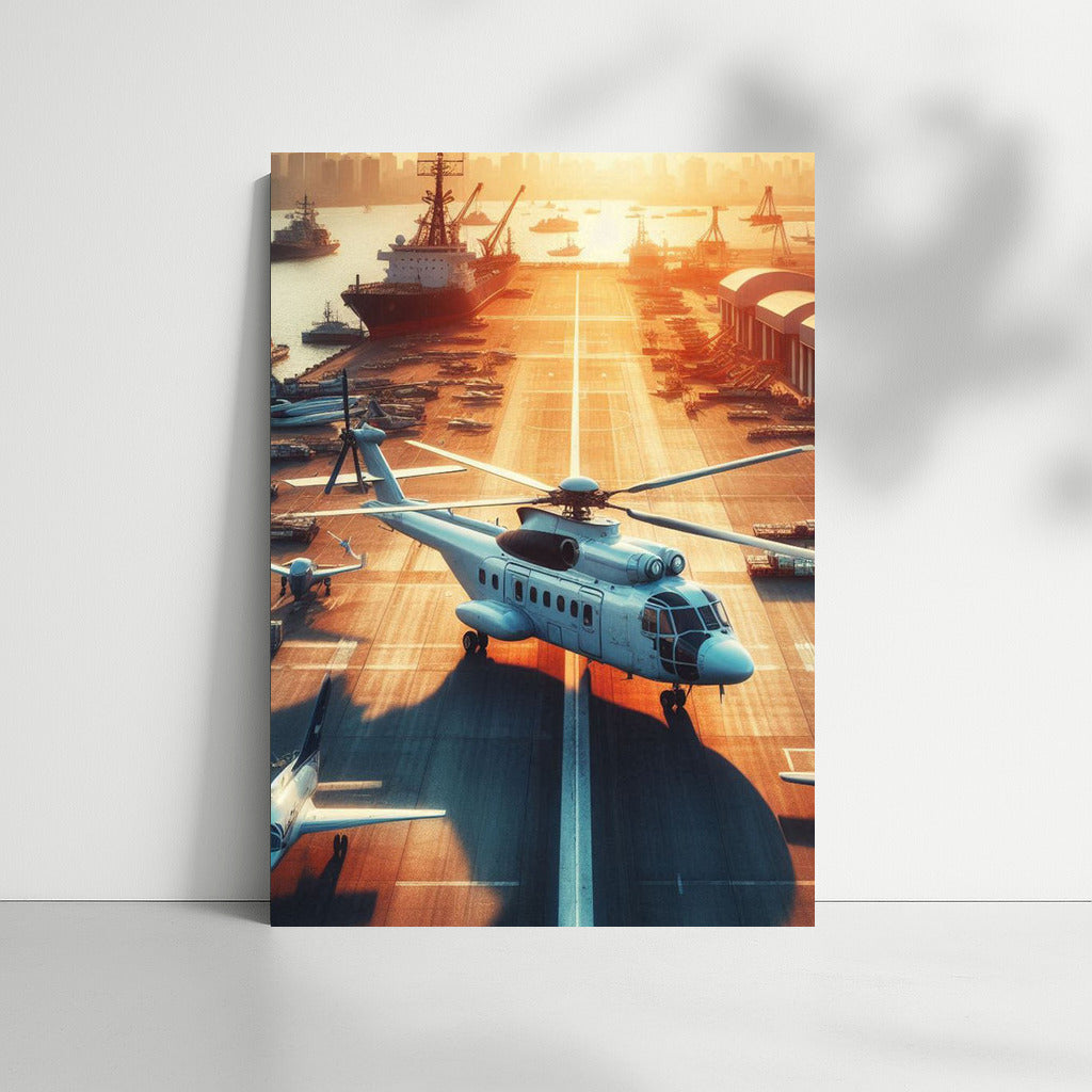 Sunset Port: Helicopters over the Sea