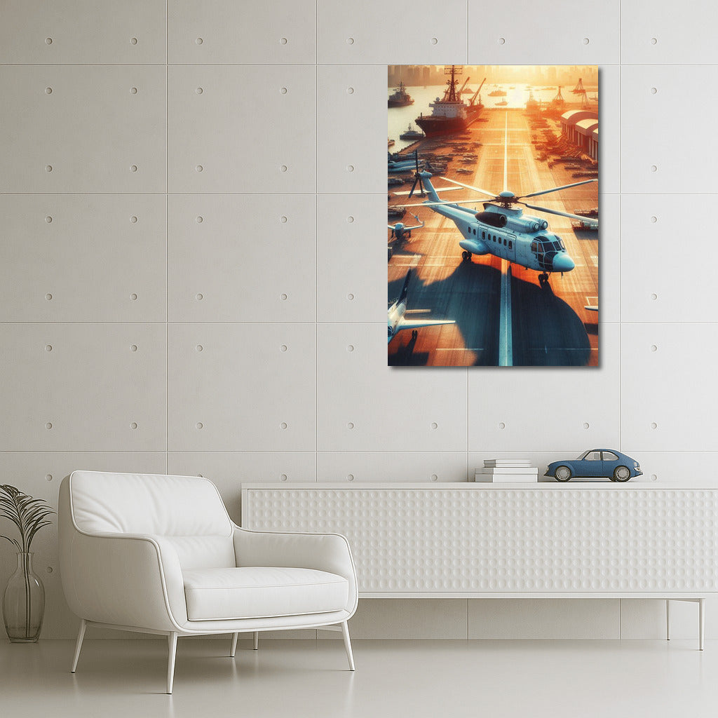 Sunset Port: Helicopters over the Sea