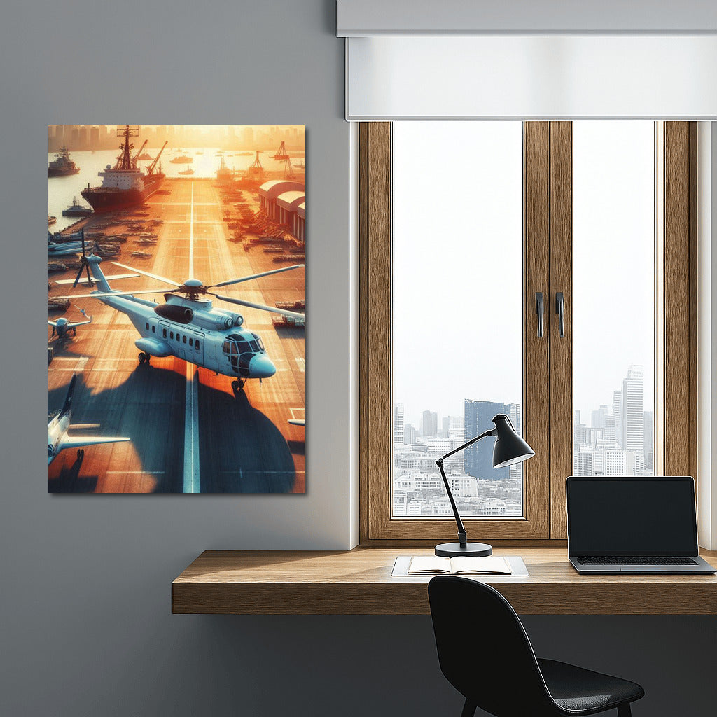 Sunset Port: Helicopters over the Sea