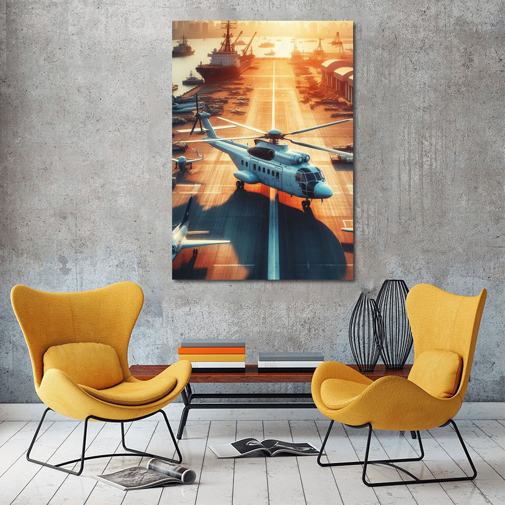 Sunset Port: Helicopters over the Sea