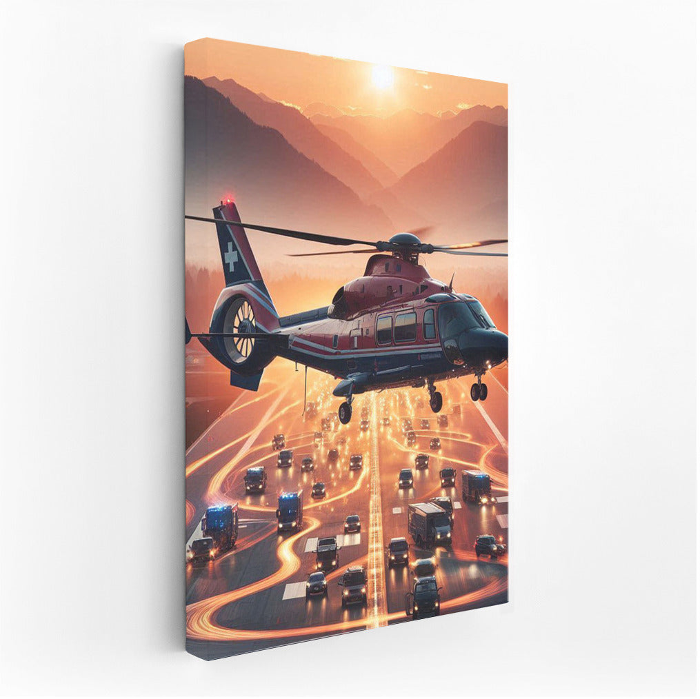 Sunset Rescue: Medivac Helicopter in Flight