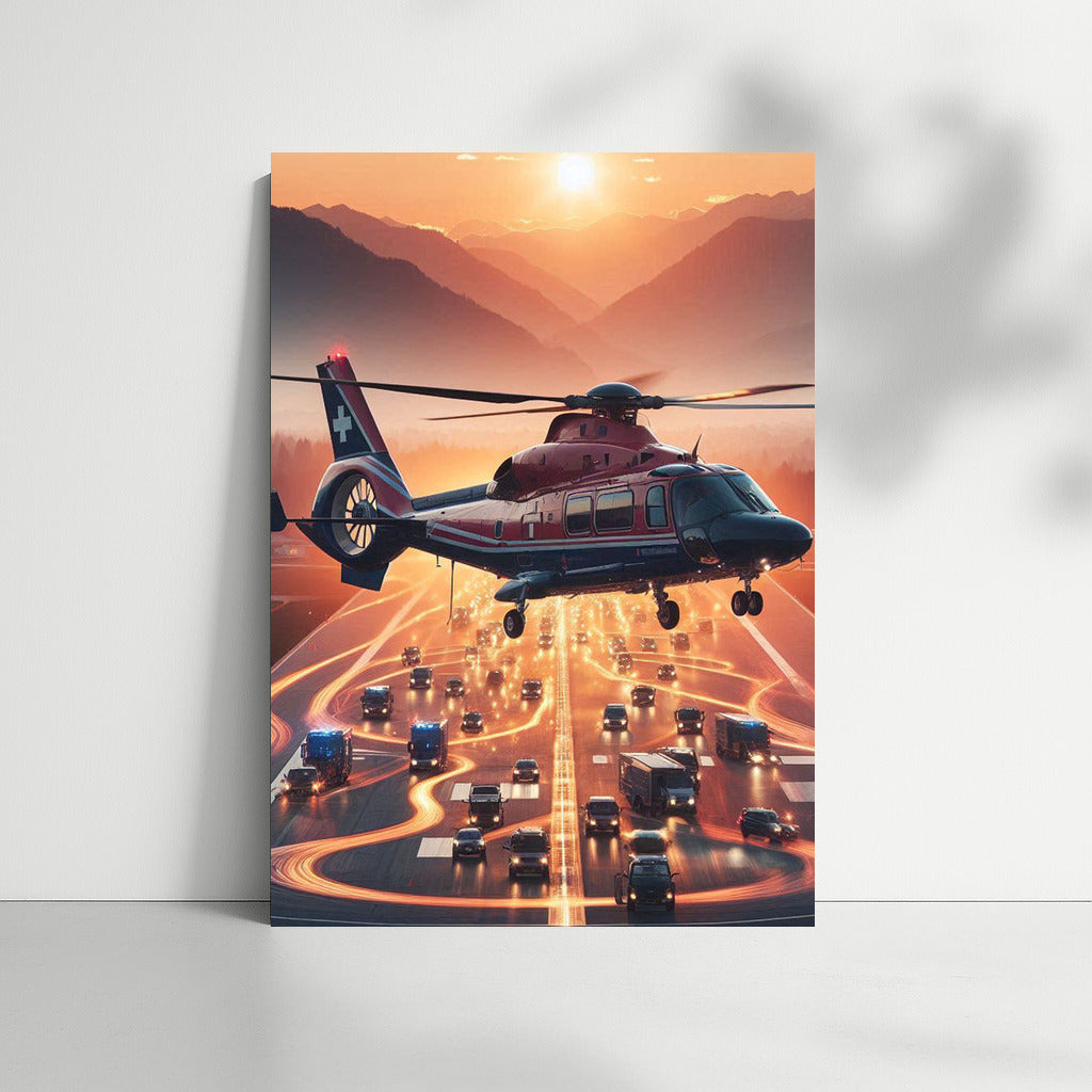 Sunset Rescue: Medivac Helicopter in Flight