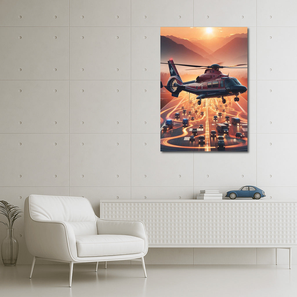 Sunset Rescue: Medivac Helicopter in Flight