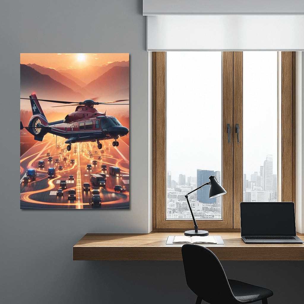 Sunset Rescue: Medivac Helicopter in Flight