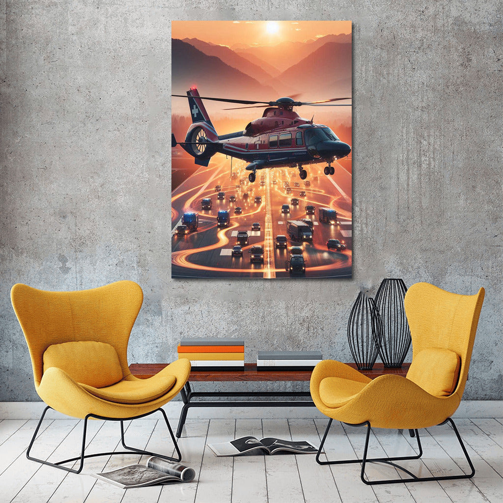 Sunset Rescue: Medivac Helicopter in Flight