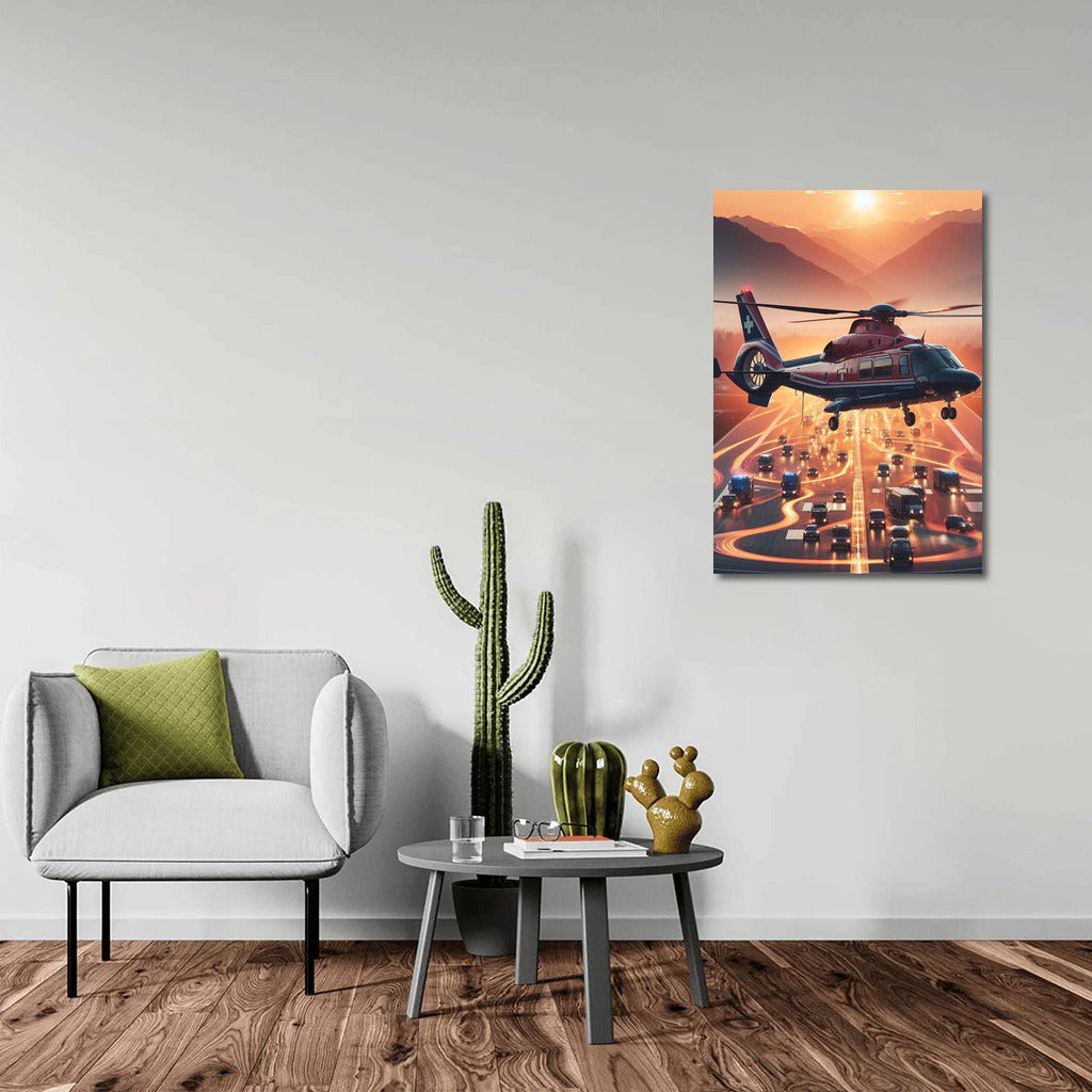 Sunset Rescue: Medivac Helicopter in Flight