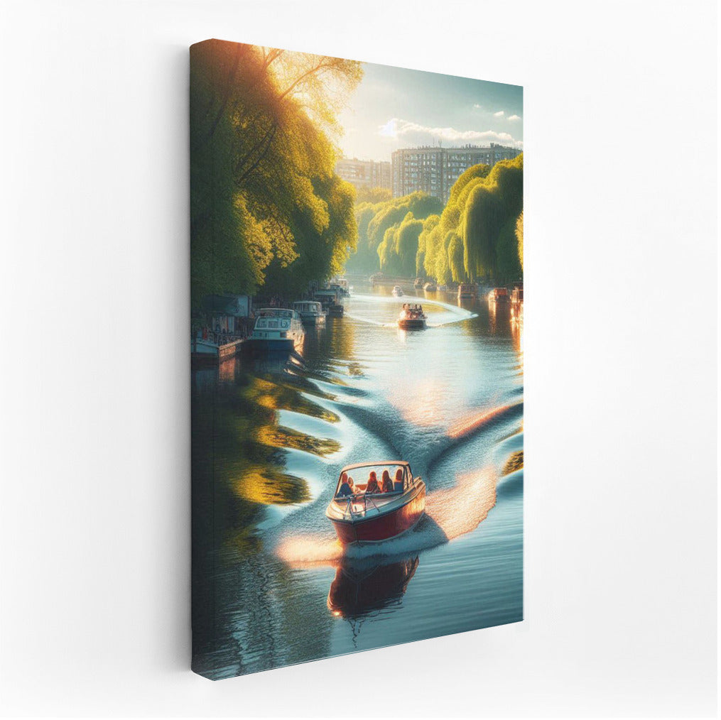 Sunset Symphony: Motorboats on the River