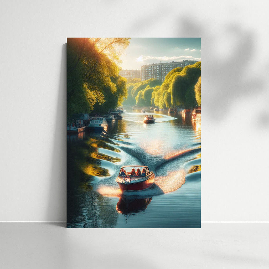 Sunset Symphony: Motorboats on the River